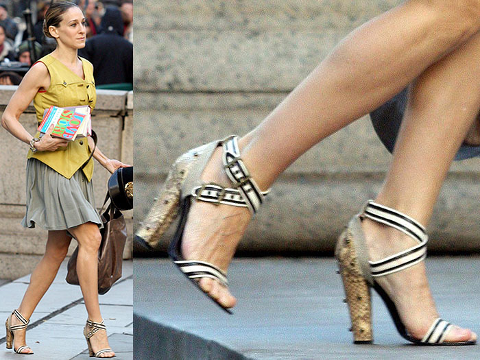 The studded-snake-heeled sandals Carrie wore to scout the New York Public Library as a wedding venue