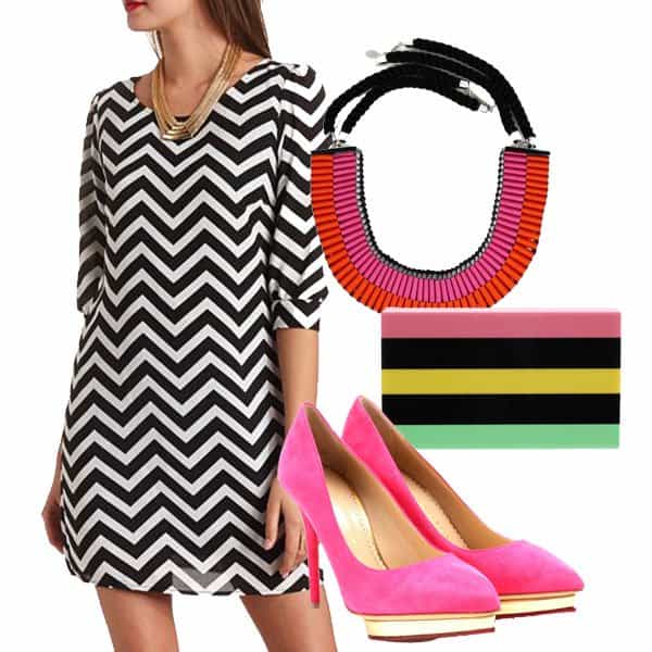 Chevron shift dress with pink pumps, necklace and clutch