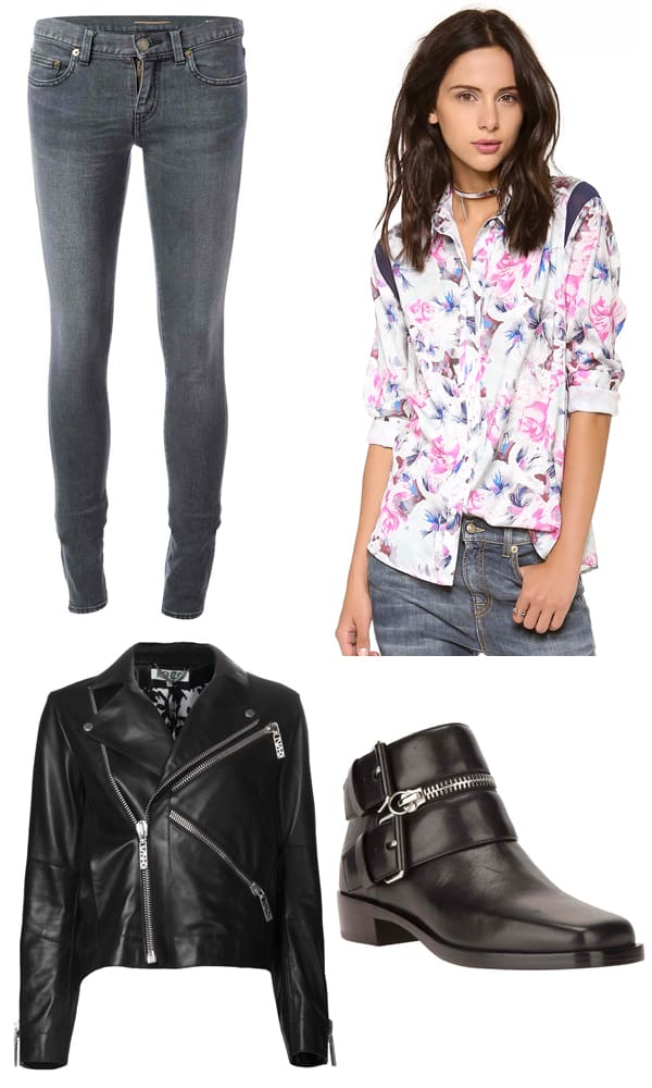 Saint Laurent Skinny Jeans / Pencey Karolina Floral Wedge Blouse / Kenzo Leather Biker Jacket / Kenzo Easy Rider Boots