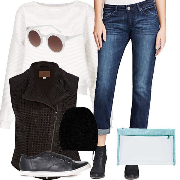 Boyfriend jeans with a sweater, sunglasses, a vest and accessories
