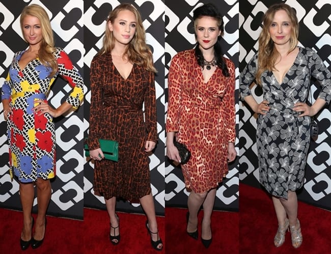 From L-R: Paris Hilton, Dylan Penn, Kate Nash, and Julie Delpy all wearing a DVF wrap dress at Diane von Furstenberg's "Journey of a Dress" 40th Anniversary Party at the Wilshire May Company Building in Los Angeles on January 10, 2014