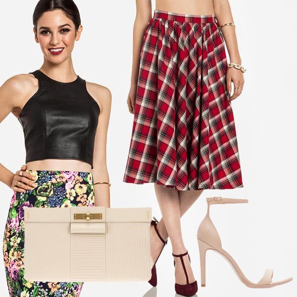 Outfit with flirty plaid tea length skirt