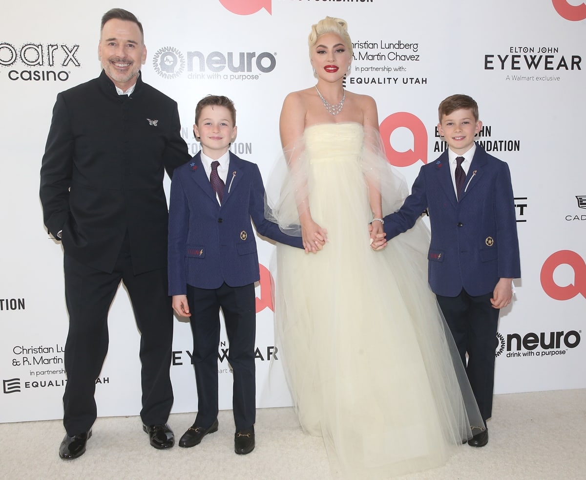 Elton’s husband David Furnish, Chairman of EJAF, Elijah Joseph Daniel Furnish-John, Lady Gaga, and Zachary Jackson Levon Furnish-John