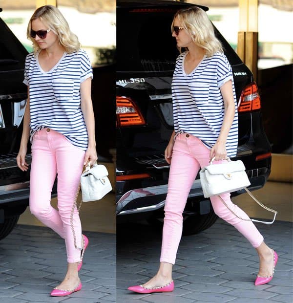 Diane Kruger sporting pink skinny jeans