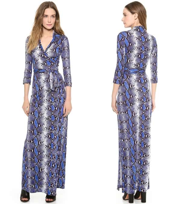 An allover python print brings exotic flair to a signature DVF wrap dress