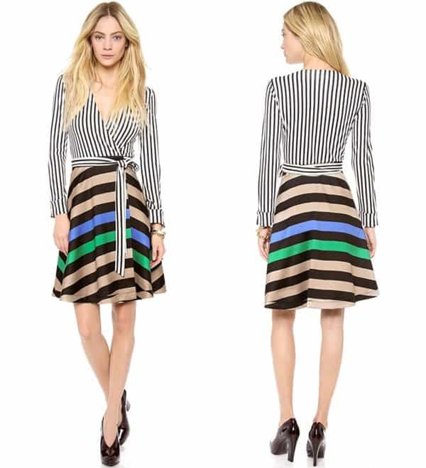 Contrast stripes and a bold chevron pattern mix on a retro-inspired DVF wrap dress