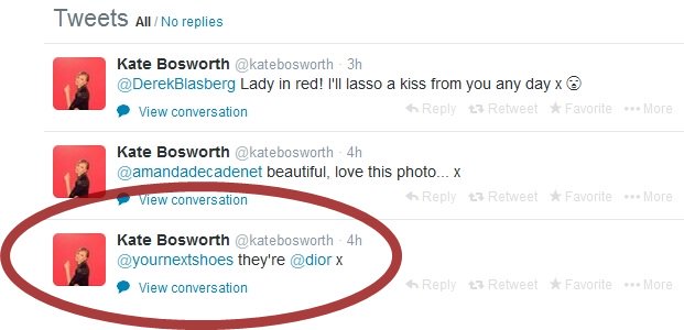 Kate Bosworth confirms on Twitter that her standout LAX pumps are by Dior, replying directly to Your Next Shoes with a simple and stylish “they’re @dior x”
