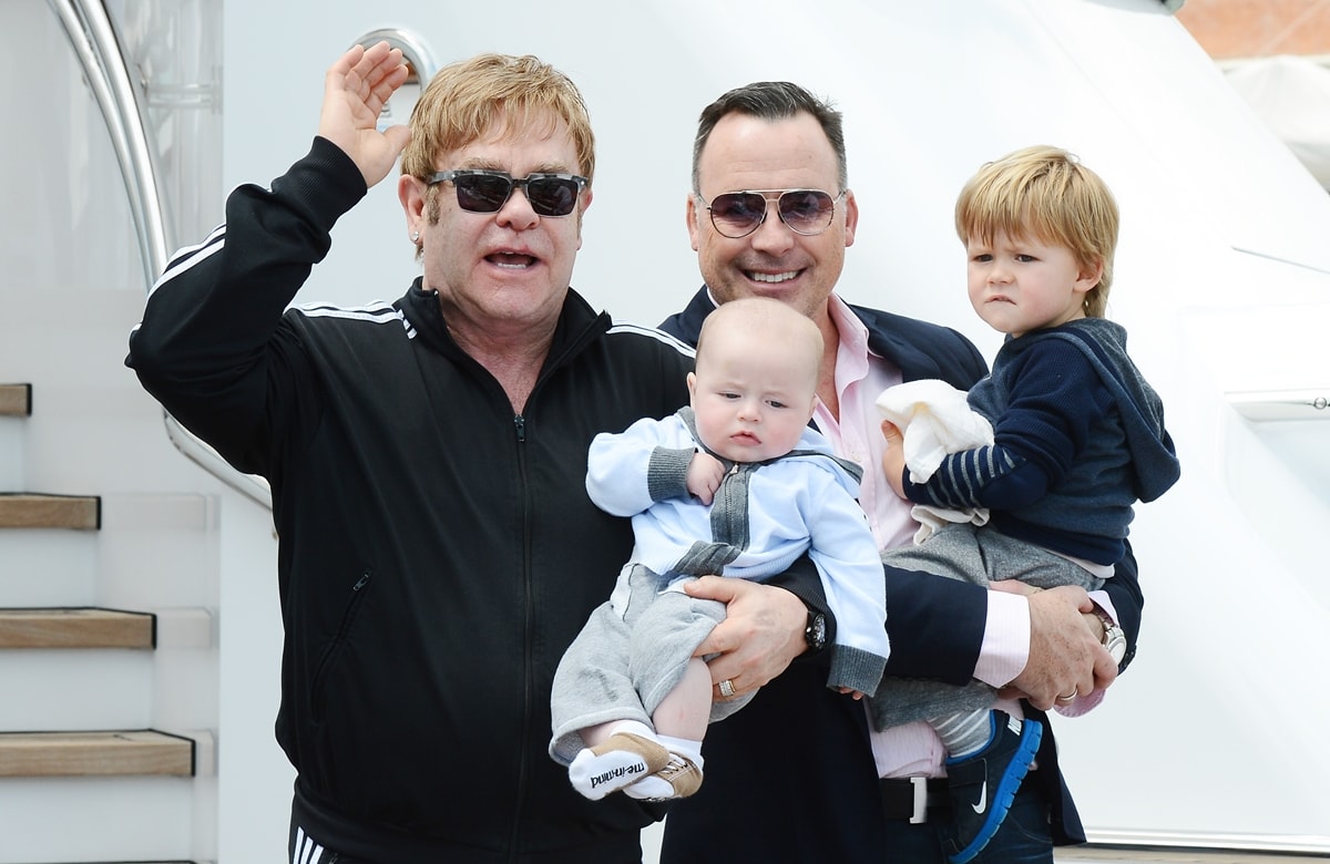 Elton John and his husband David Furnish with their sons Elijah Joseph Daniel Furnish-John and Zachary Jackson Levon Furnish-John