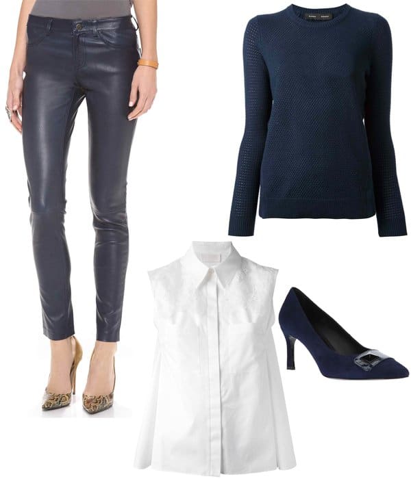 Emmy Rossum inspired outfit with leather pants