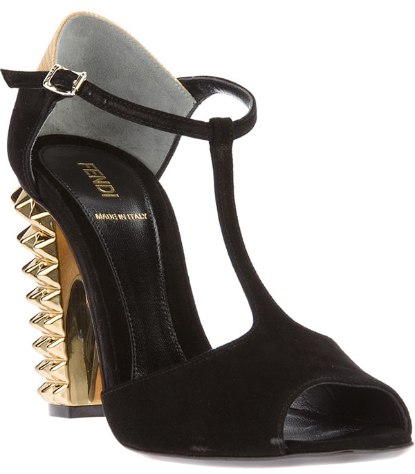 Fendi Studded Suede T-Bar Sandals in Black/Gold