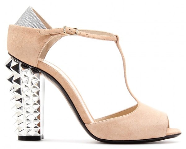 Fendi Studded Suede T-Bar Sandals in Nude/Silver