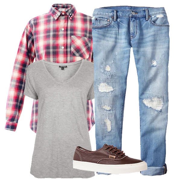 Deconstructed boyfriend jeans with plaid shirt and accessories
