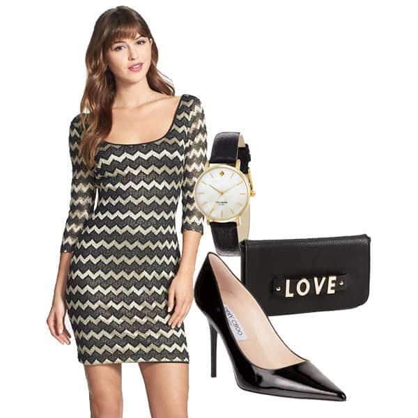 Metallic stripe lace sheath dress with black pointy pumps, Love handbag and watch
