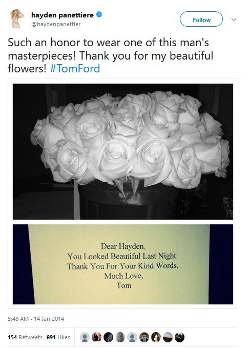 Hayden Panettiere shares a tweet expressing her gratitude for Tom Ford's flowers and note after wearing his dress at the 2014 Golden Globes