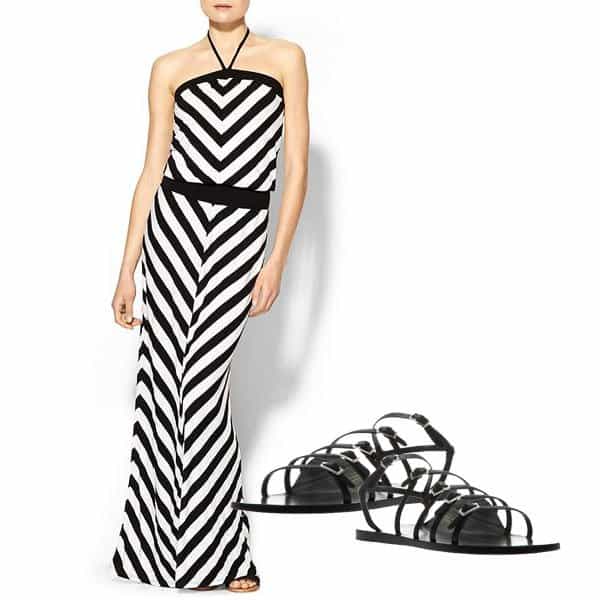 Chevron-striped maxi dress with flat sandals