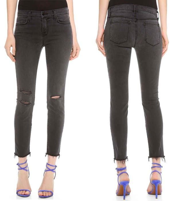With raw cuffs and shredded holes, these J Brand jeans give their ever-popular Alana skinny-jean silhouette a just-right hint of distressing for a completely covetable, well-loved look