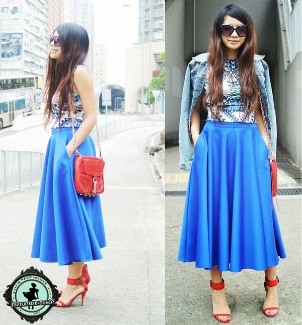 Janice styled a blue midi skirt with a funky geometric top in bright colors