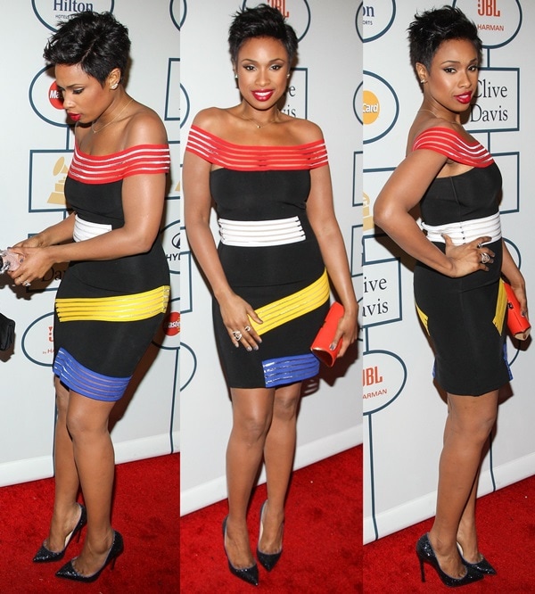 Jennifer Hudson poses on the red carpet in a colorful Christopher Kane dress