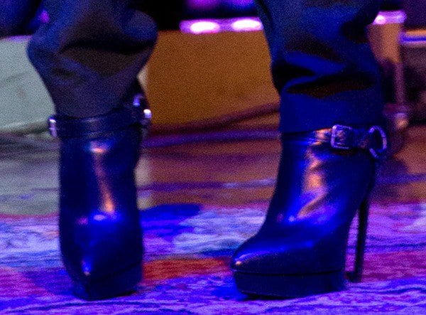 Jennifer Hudson wearing sleek pointed-toe booties by Saint Laurent