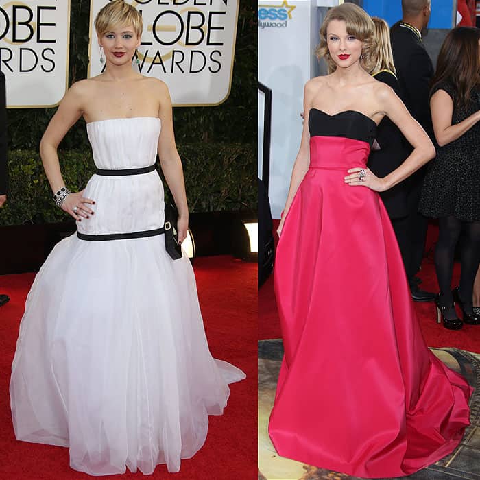 Jennifer Lawrence dazzled in a strapless white Dior gown with black accents, while Taylor Swift opted for a dramatic two-tone Carolina Herrera ballgown—though their shoes remained hidden beneath the voluminous skirts