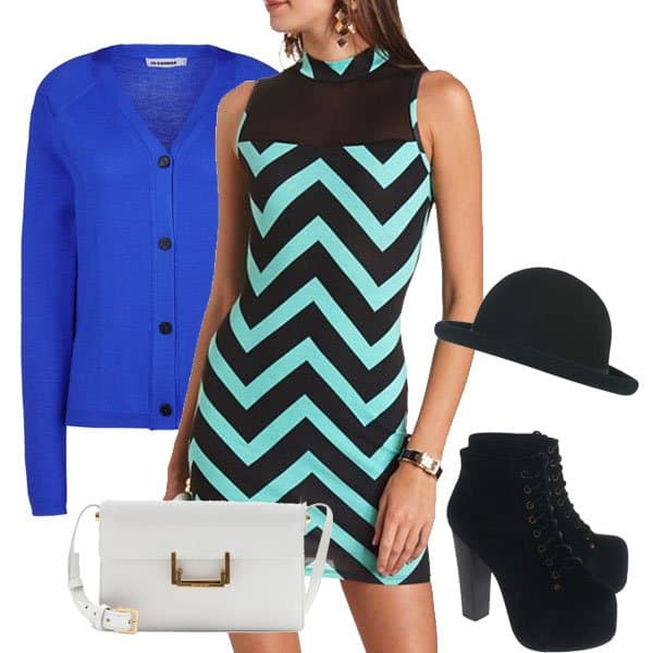Mesh-onset mock neck dress with blue cardigan, hat, purse and ankle boots