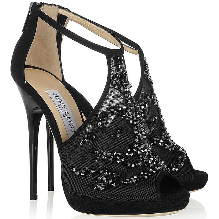 Jimmy Choo "Fraze" Crystal-Embellished Mesh-and-Suede Sandals