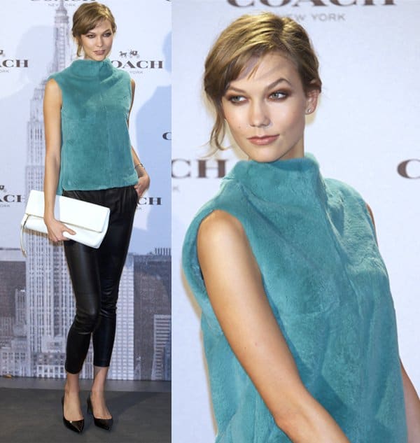 Karlie Kloss in leather pants and fur top, November 20, 2013