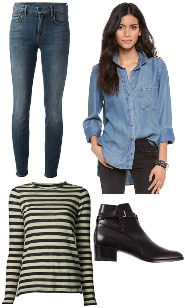 Proenza Schouler Skinny Jeans / Bella Dahl Button-Down Shirt / Proenza Schouler Striped T-Shirt / Saint Laurent Johdpur 40 Boots