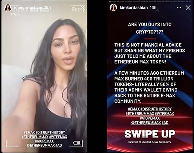 Kim Kardashian was paid $250,000 to promote crypto security tokens sold by EthereumMax on her Instagram account but had to pay US regulators more than $1m to settle charges for failing to disclose that it was a sponsored post