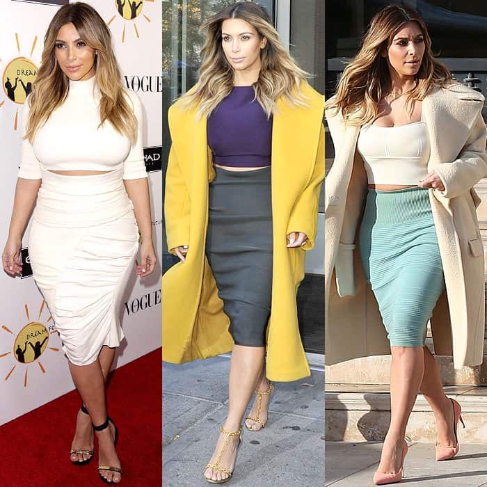 Kim Kardashian showcasing her curvy silhouette in crop top dresses at various events, including a charity gala, a New York City outing, and a Beverly Hills shopping trip