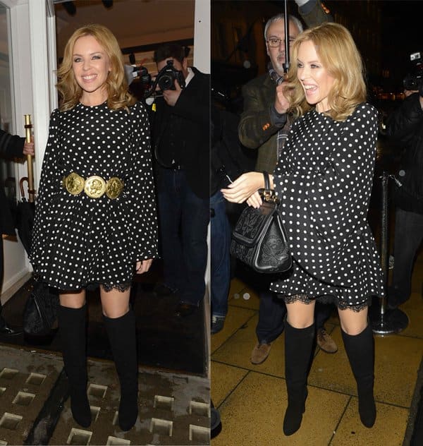 Kylie Minogue was a sight to behold in a black-and-white polka-dot blouson-sleeved dress at the Dolce & Gabbana London Collections: Men event