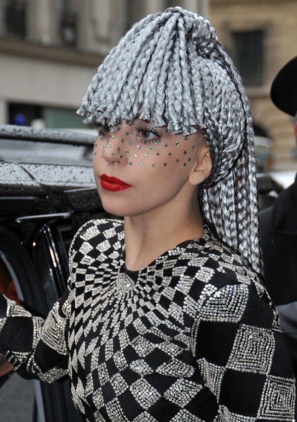 Lady Gaga with Muppet-inspired hair in a sequined jumpsuit