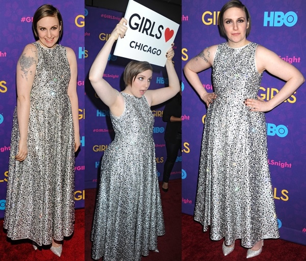 Lena Dunham wears a silver crystal-embroidered Rochas dress on the red carpet