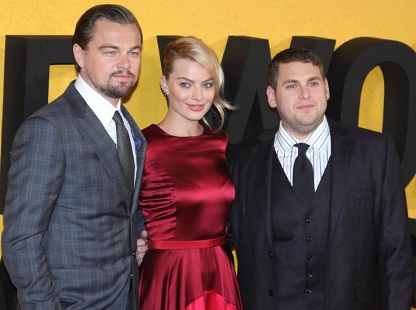 Leonardo DiCaprio, Margot Robbie, and Jonah Hill at the premiere of 'The Wolf of Wall Street'