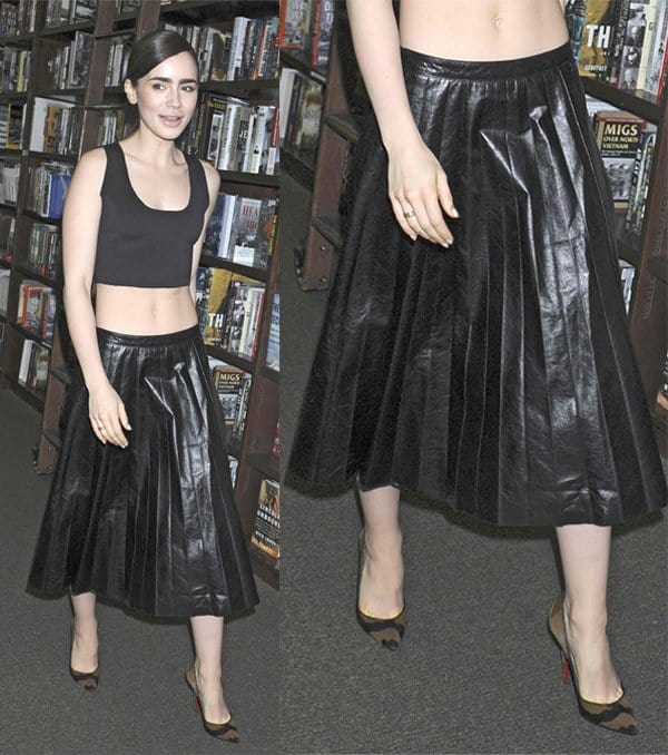 At a Seventeen Magazine event in New York, Lily Collins steers away from conventional preppy style, combining a maxi pleated skirt with a cropped top for an edgy flair