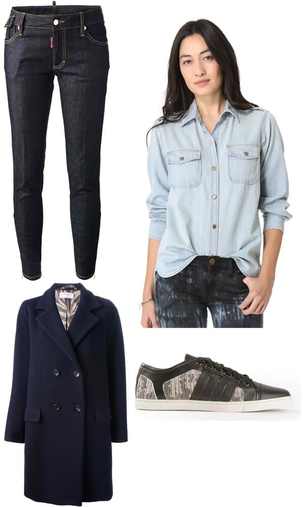 DSQUARED2 Skinny Jeans / Alberto Biano Double-Breasted Coat / Current Elliott The Perfect Shirt / Lanvin Sporting Low Sneakers