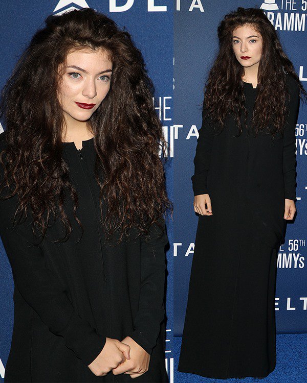 Lorde embraces her signature dark style in a long black dress with minimalistic elegance at Delta Airlines' 2014 Grammys Weekend Party