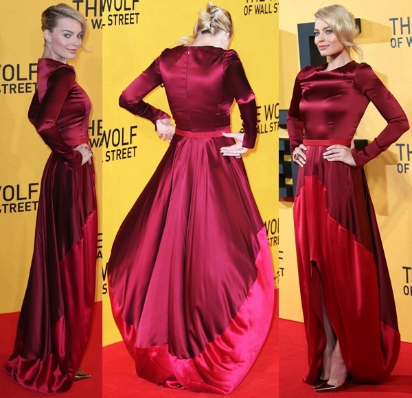 Margot Robbie in an Oscar de la Renta Pre-Fall 2014 dress at the London premiere of The Wolf of Wall Street