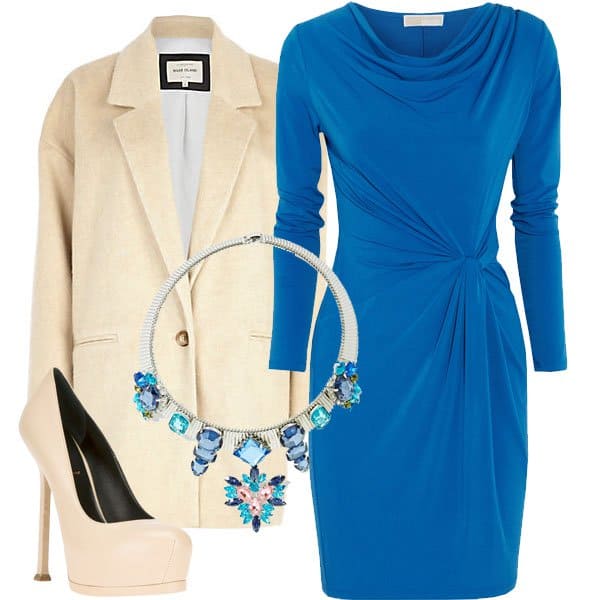Tie knot dress with coat, pumps, and statement necklace