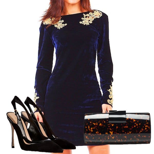 Embellished velvet dress with high heels and stunning clutch