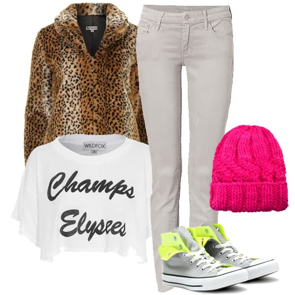 Jeans with crop shirt, pink beanie, and sneakers