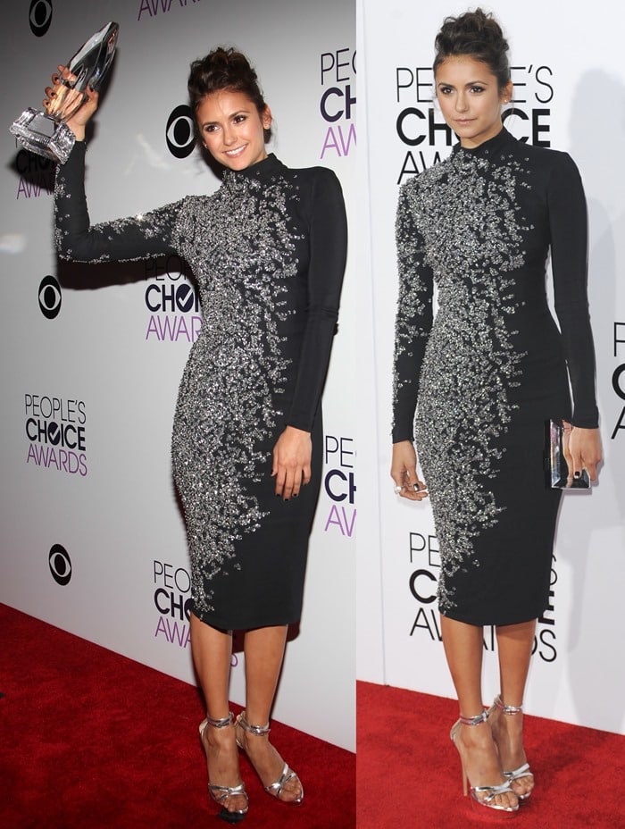 Nina Dobrev in a sparkling Jenny Packham dress with metallic Charlotte Olympia sandals, posing with her award at the 2014 People's Choice Awards