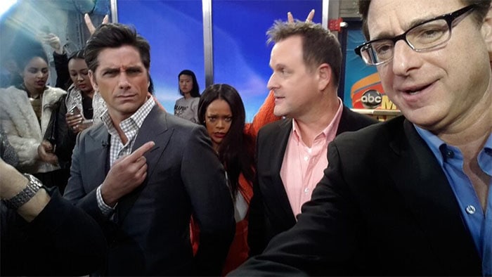 Rihanna photobombs Danny Tanner (Bob Saget), Joey (Dave Coulier), and Uncle Jesse (John Stamos)