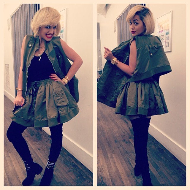 Rita Ora wears a vest and skirt combo fashioned from an old winter coat