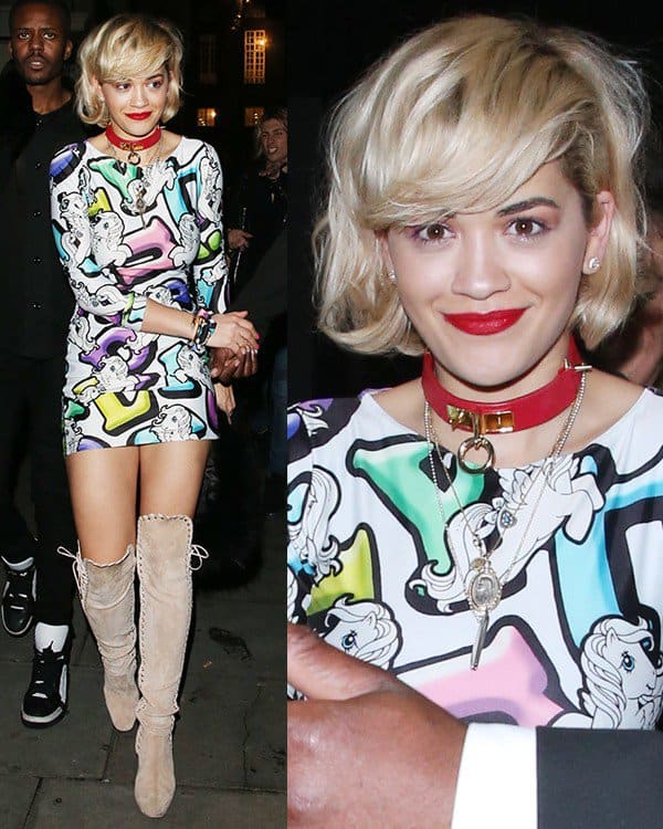 Rita Ora, heading to Chinawhite Nightclub on January 4, 2014, wore Salvatore Ferragamo Resort 2013 boots and a My Little Pony x Alice Vandy long-sleeve bodycon dress
