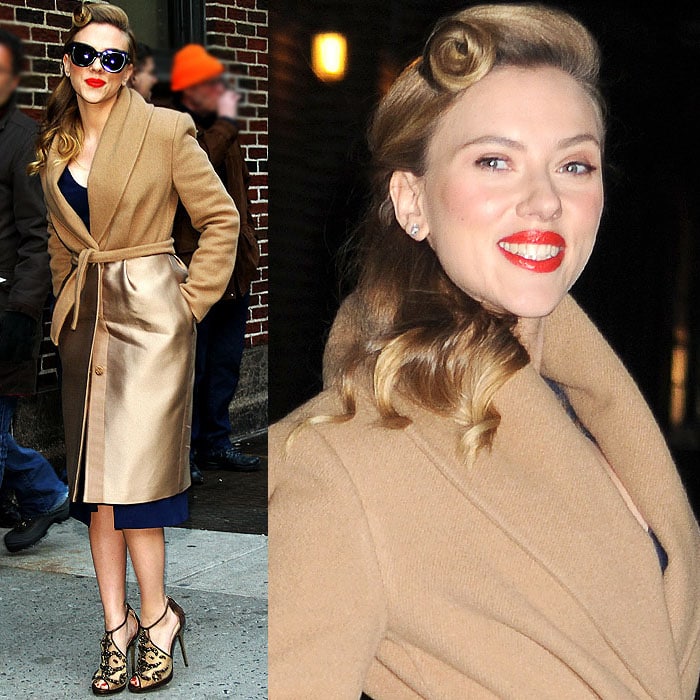 Scarlett Johansson arriving in a retro-style navy dress at the Late Show with David Letterman studio