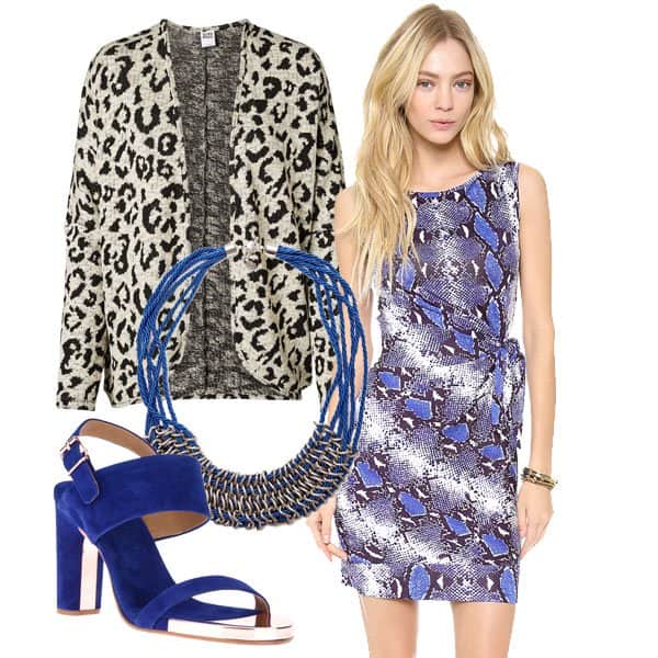 Effortless dress by DVF with cardigan, necklace, and sandals