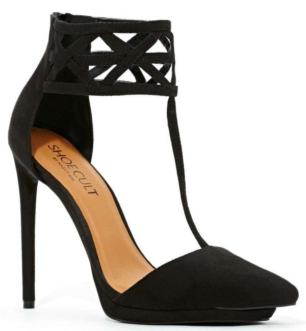 Black faux suede pumps featuring a pointed toe and ankle strap with geometric cage detailing