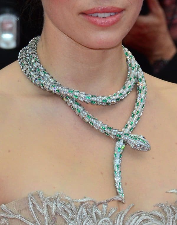 Jessica Biel's stunning snake necklace adds a dazzling touch to her elegant look at the Cannes Film Festival