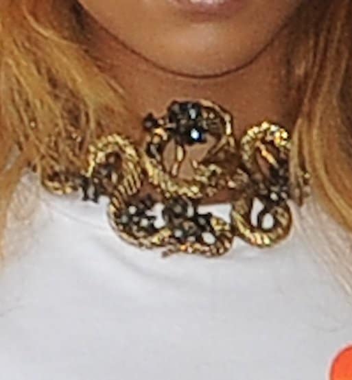 Close-up of Rihanna's snake necklace, adding a bold touch to her outfit while in Amsterdam on June 24, 2013